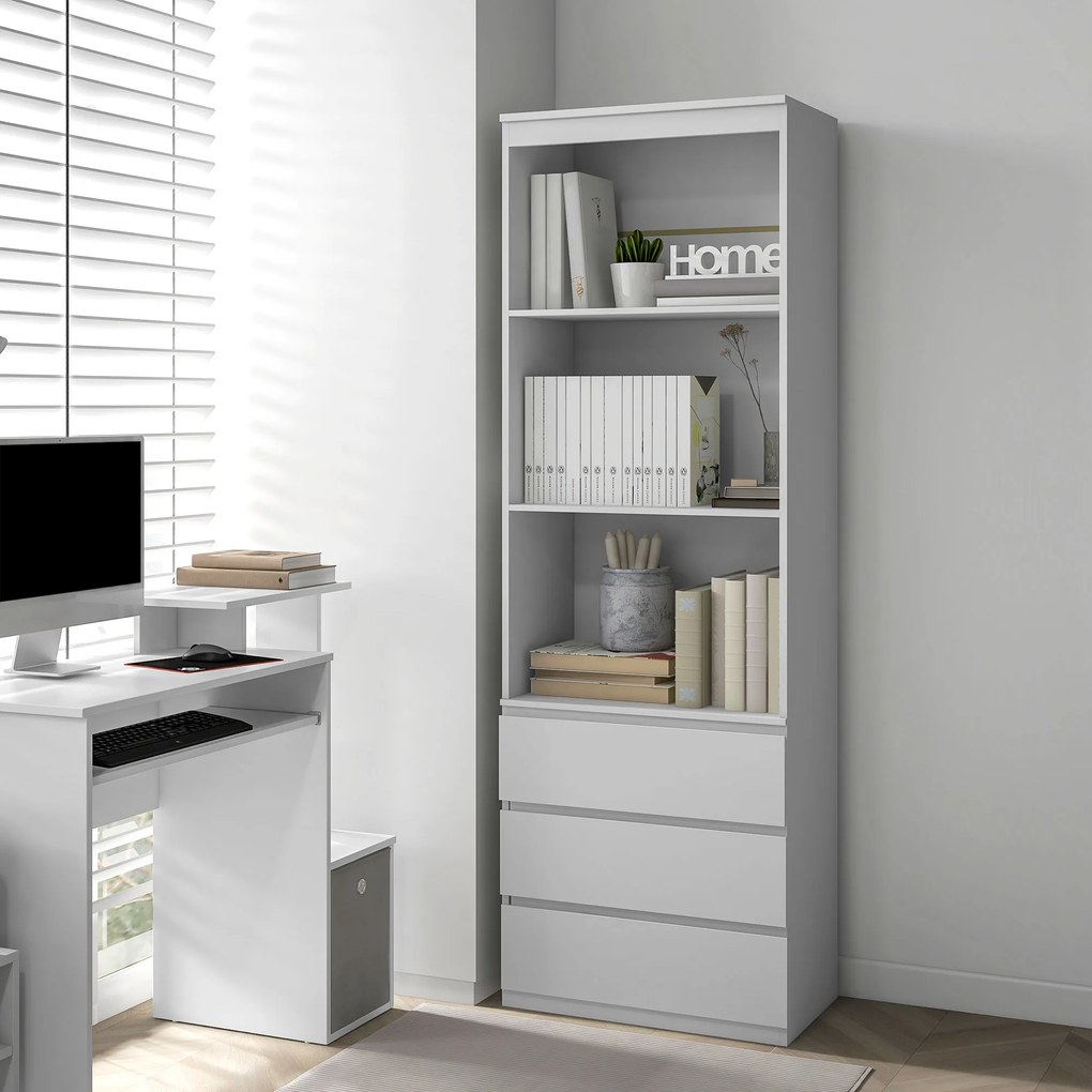 Estante com 180 cm de altura, com 3 prateleiras e 3 gavetas, 60 x 35 x 180 cm, em madeira branca