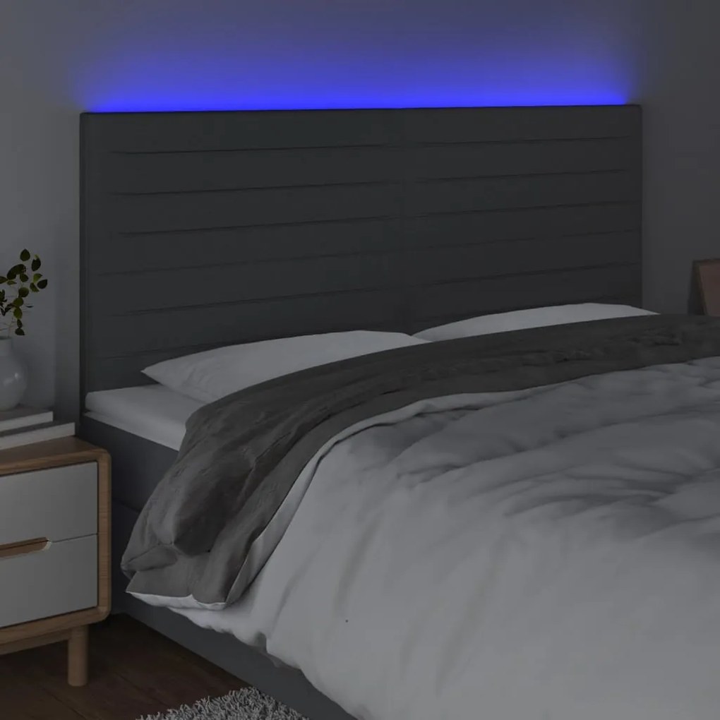 Cabeceira de cama c/ LED tecido 160x5x118/128 cm cinza-escuro