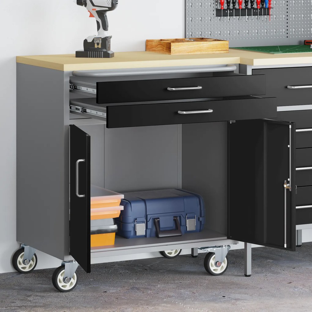 vidaXL Gabinete de Ferramentas com Rodas e Portas Trancáveis Preto 75x45x85 cm Aço