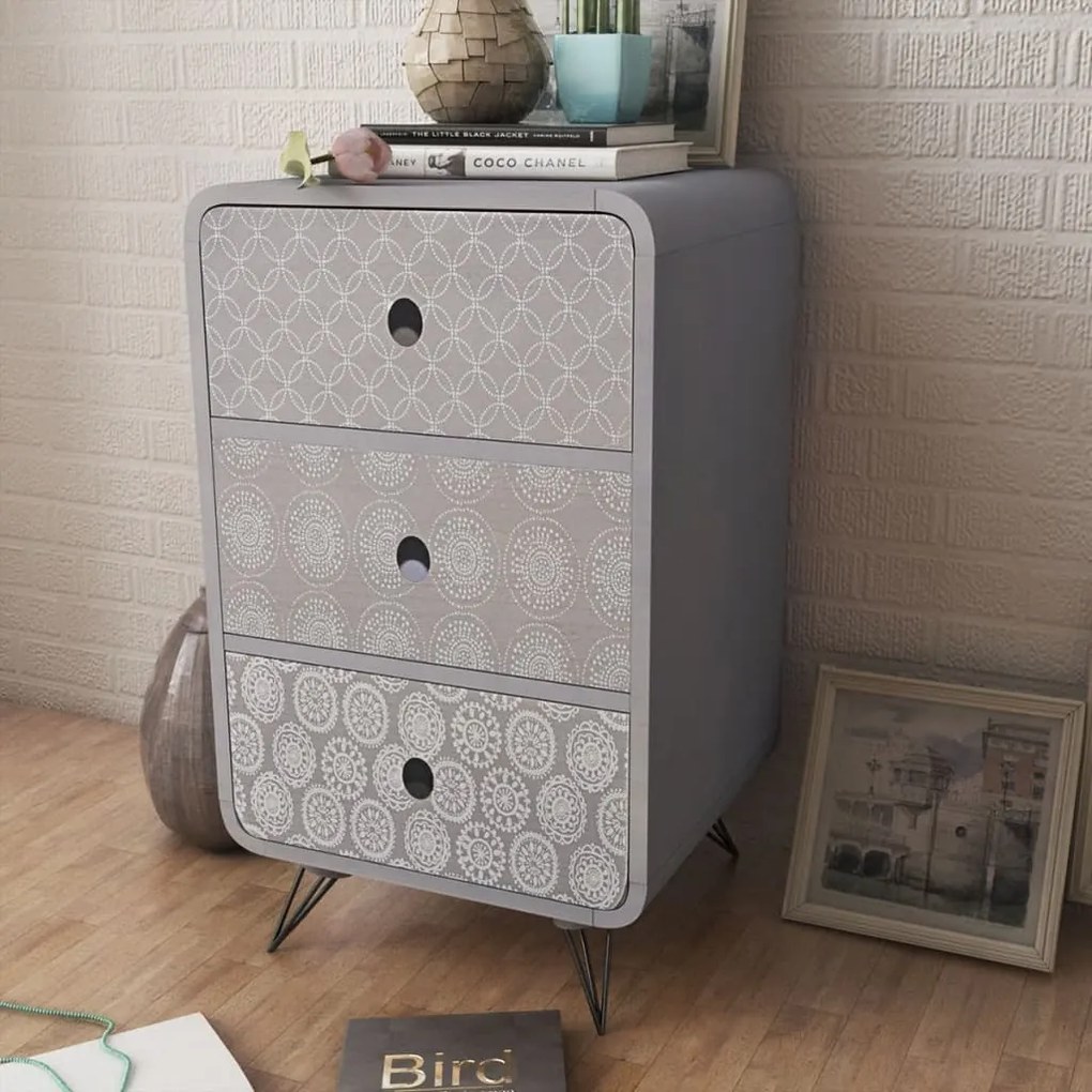 vidaXL Mesa de apoio com 3 gavetas, cinzento