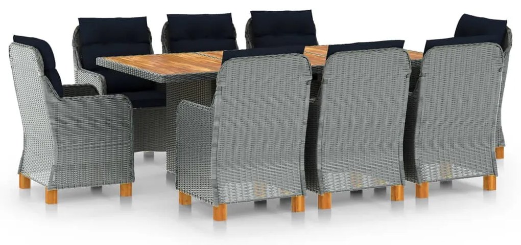 9 pcs conj. jantar exterior + almofadões vime PE cinzento-claro