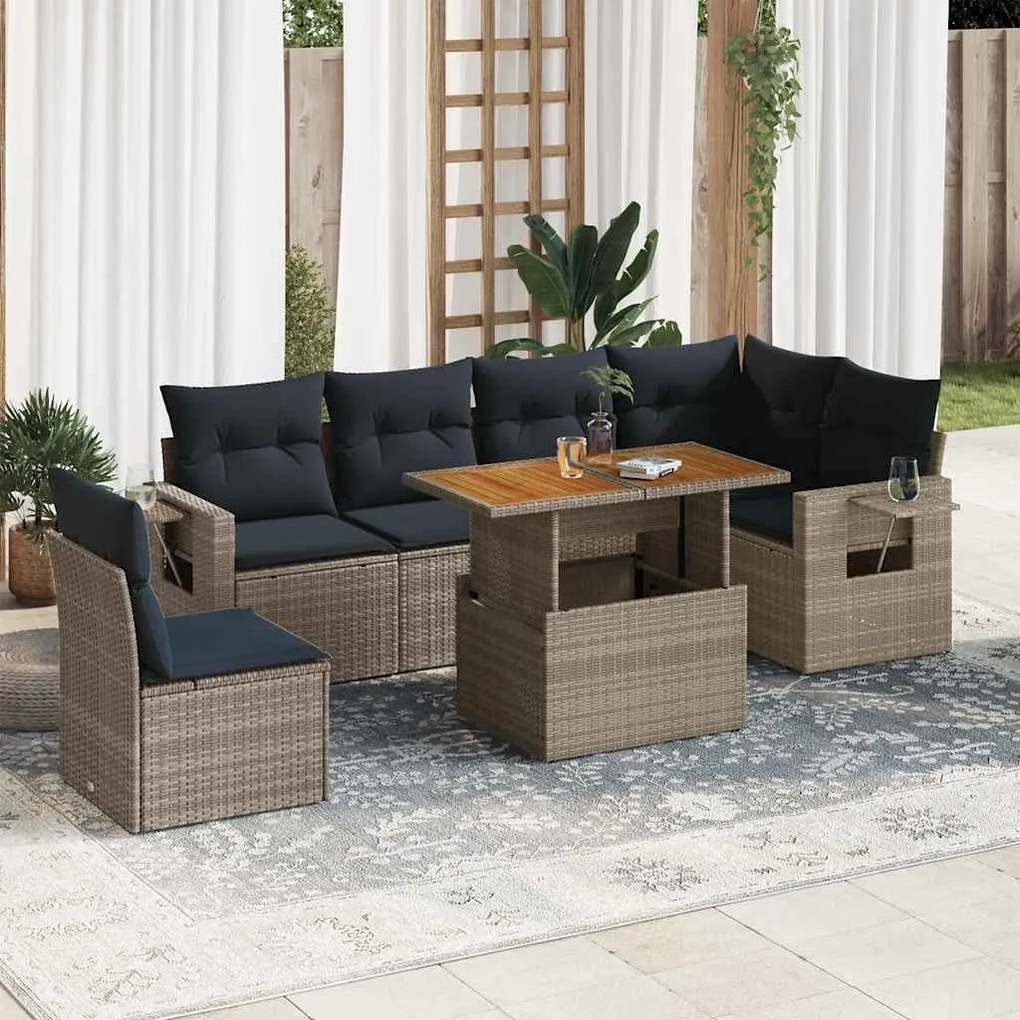 7 pcs conjunto sofás p/ jardim c/ almofadões vime PE cinzento