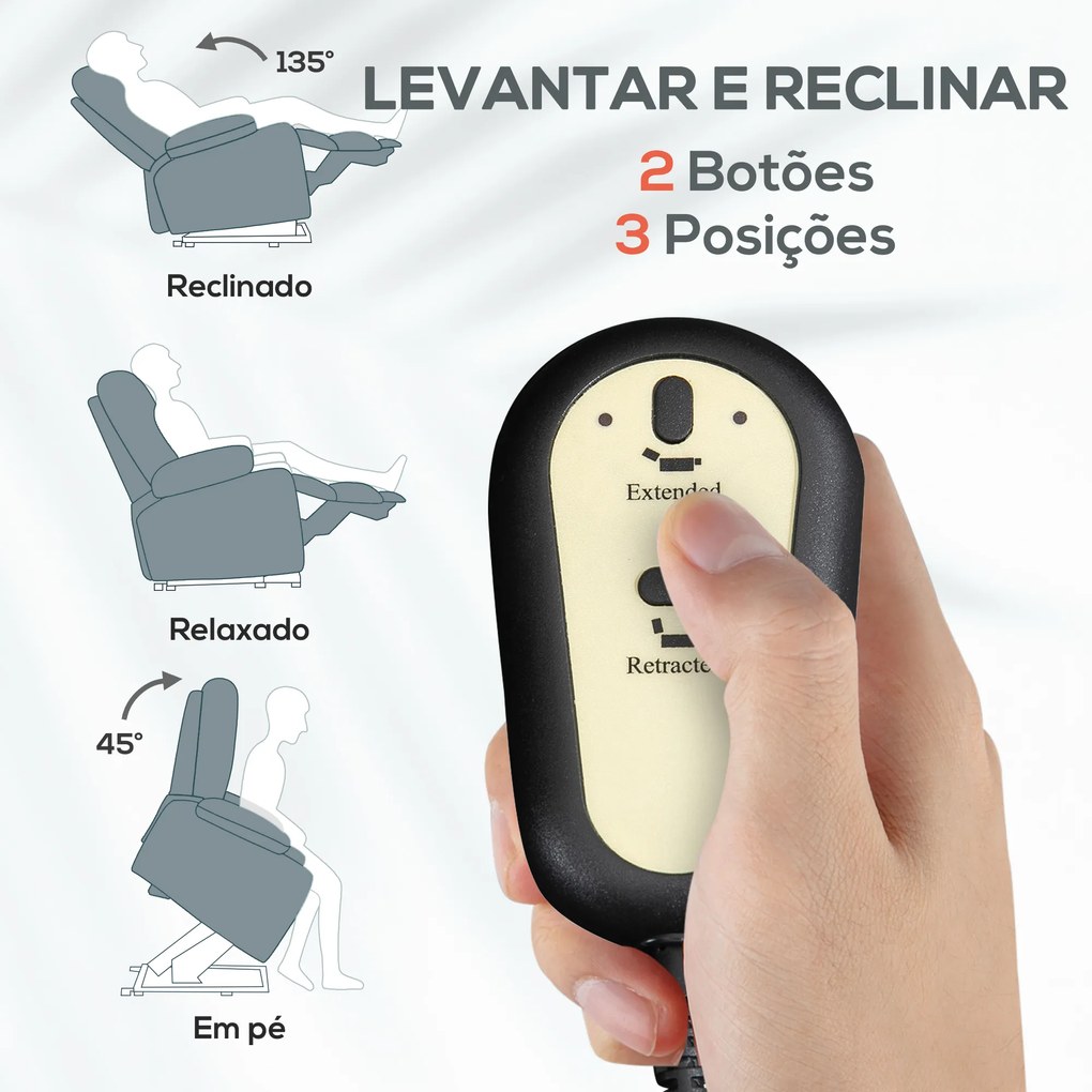 Poltrona Relax Reclinável Elétrica Poltrona Elevatória com Encosto Alto Capitonê Controlo Remoto 85x91x103 cm Cinza