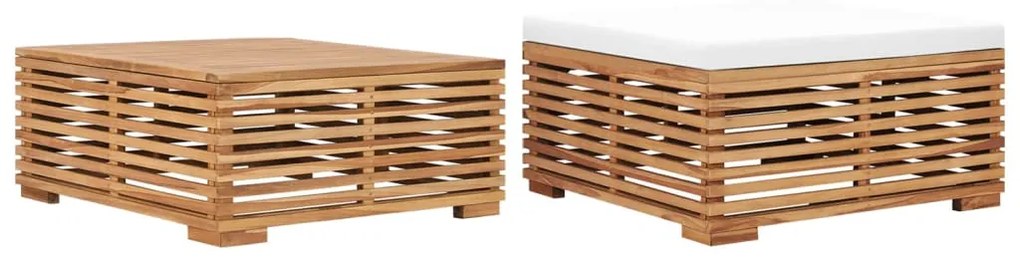 vidaXL Conj. mesa e apoio de pés jardim c/ almofadão creme teca maciça