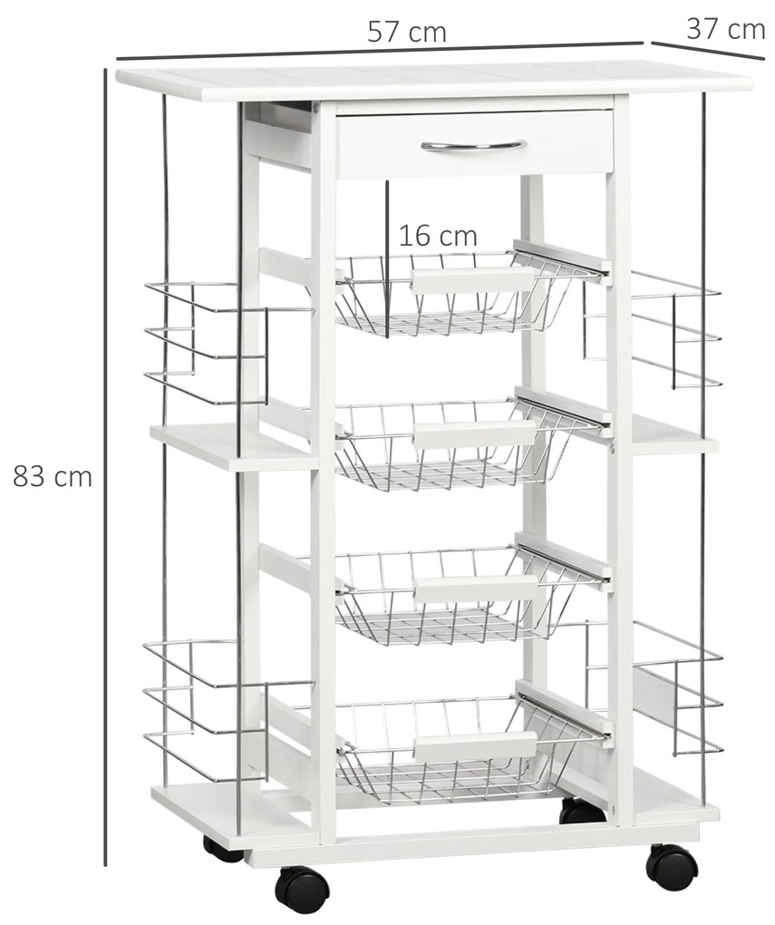 Carrinho de Cozinha com Rodas Carrinho de Cozinha com Bancada Gaveta 4 Cestas de Metal e 4 Suportes para Temperos Laterais para Cozinha 57x37x83cm Bra