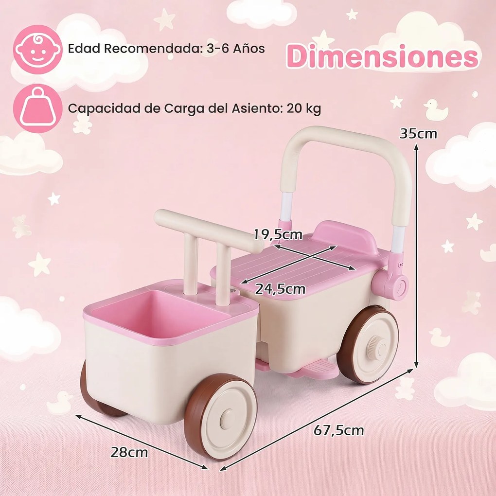 Andador Infantil 3 em 1, 67,5 x 28 x 35 cm, Três Modos de Brincadeira, Rosa
