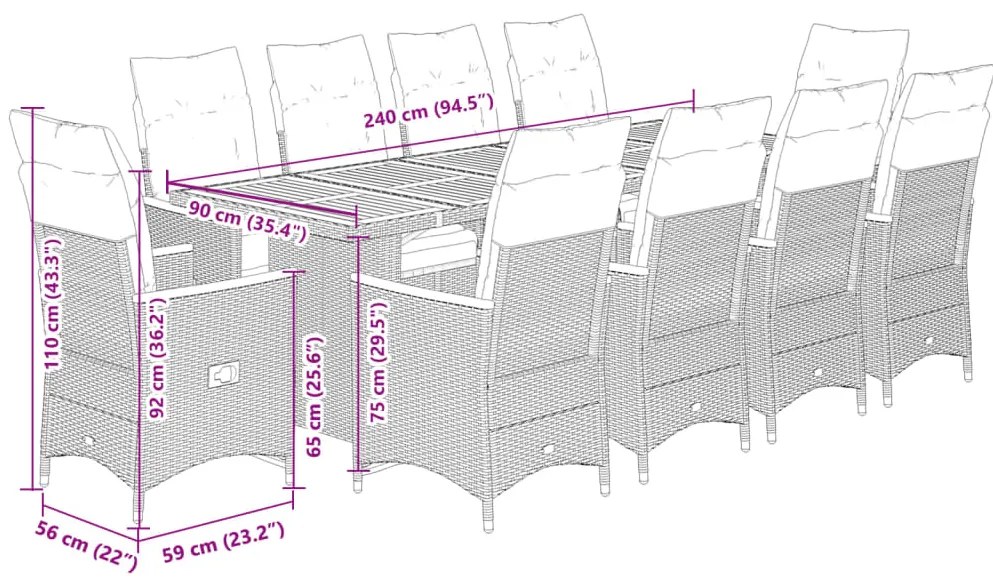 11 pcs conjunto bistrô de jardim c/ almofadões vime PE cinzento