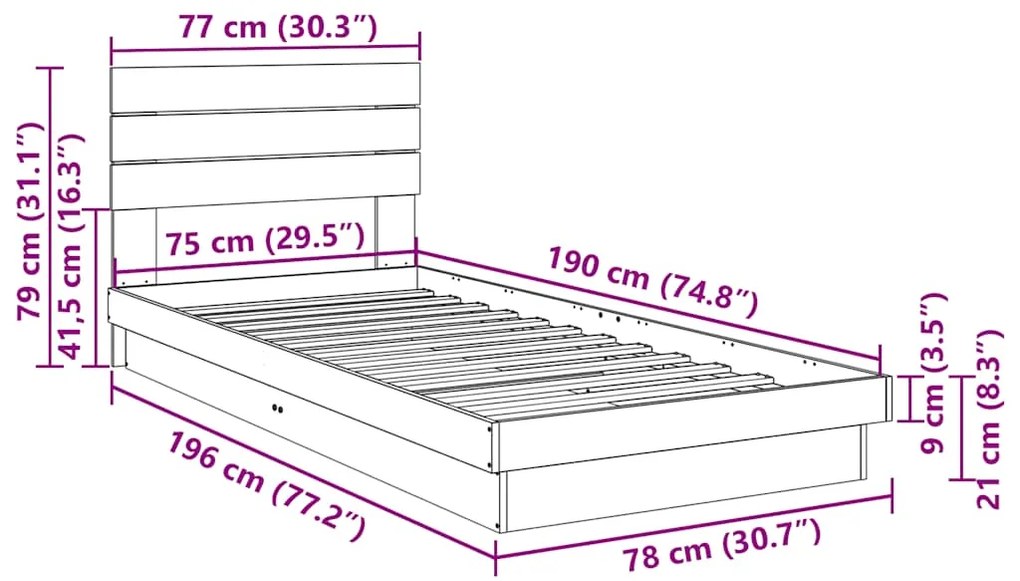 Estrutura cama cabeceira sem colchão 75x190 cm maciça carvalho