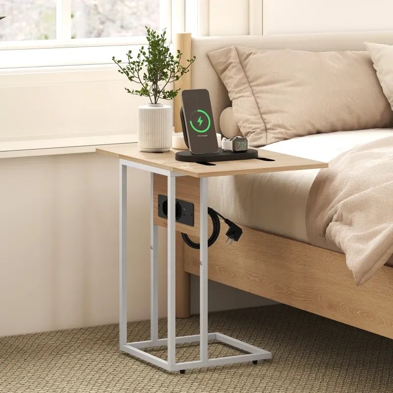Mesa Auxiliar com Estação de Carga com Tampo Dobrável e Pés Ajustáveis 39x29x57 cm Branco e Madeira