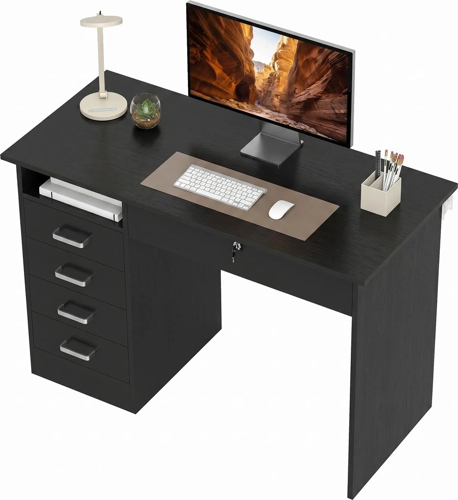 Secretária moderna com 5 gavetas 110 x 50 x 76 cm, tampo amplo, 1 compartimento aberto, gaveta com fechadura, preta