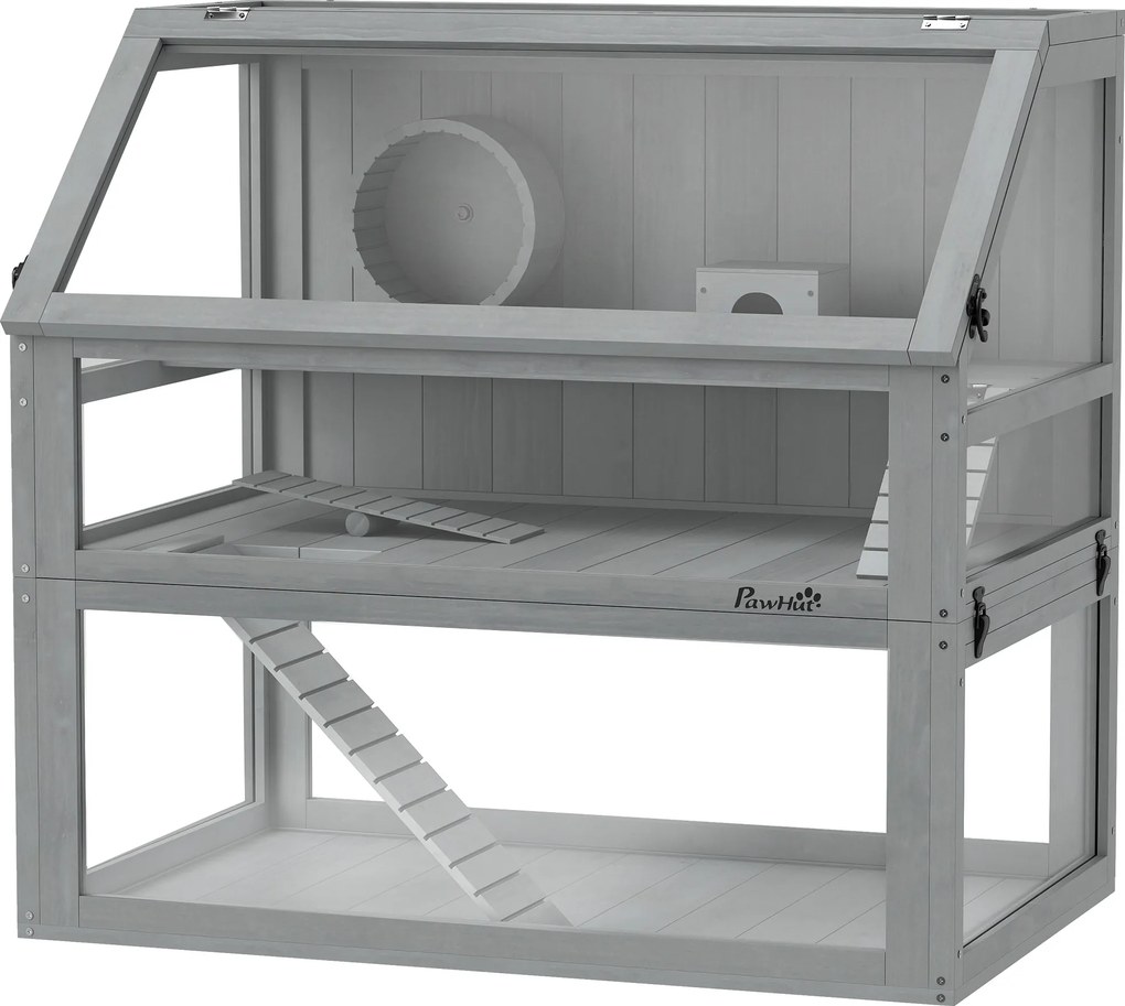 Gaiola para hamsters 80 x 50 x 76 cm e roedores com 3 níveis, base removível e funda, casinha, Baloiço, cinzento claro
