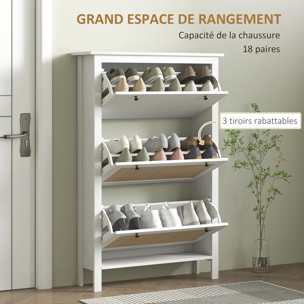 Sapateira, Móvel para sapatos 80 x 23,5 x 121,5 cm, armário de 3 portas com abas, efeito de vime - em madeira natural