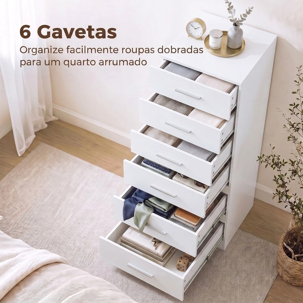 Cómoda de 6 Gavetas Alta para Quarto com Sistema Antitombo 40x40x110 cm Cinzento Claro e Branco