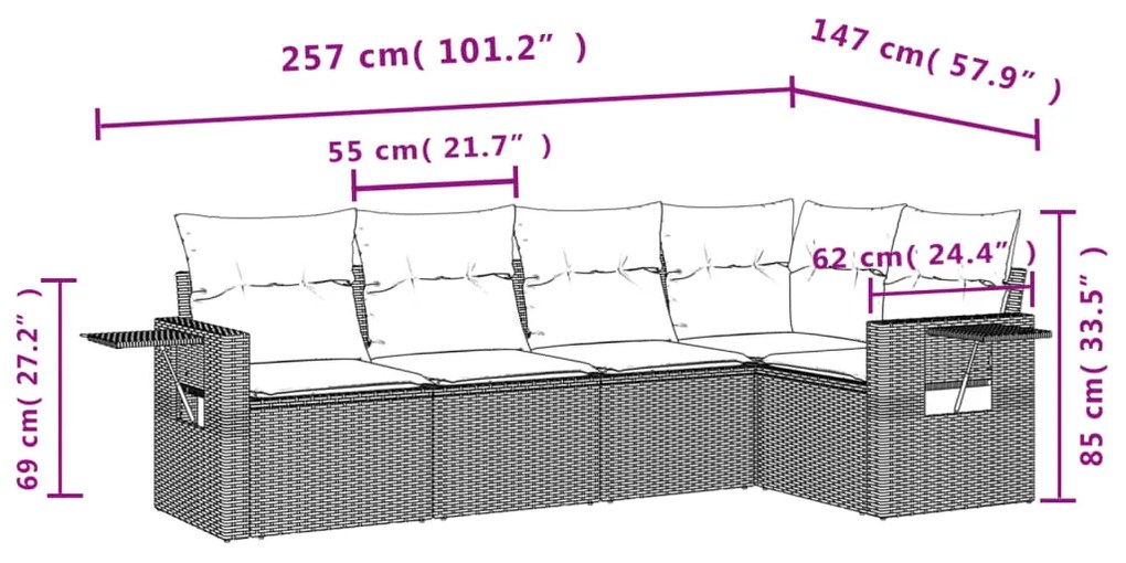 5 pcs conjunto de sofás p/ jardim com almofadões vime PE bege