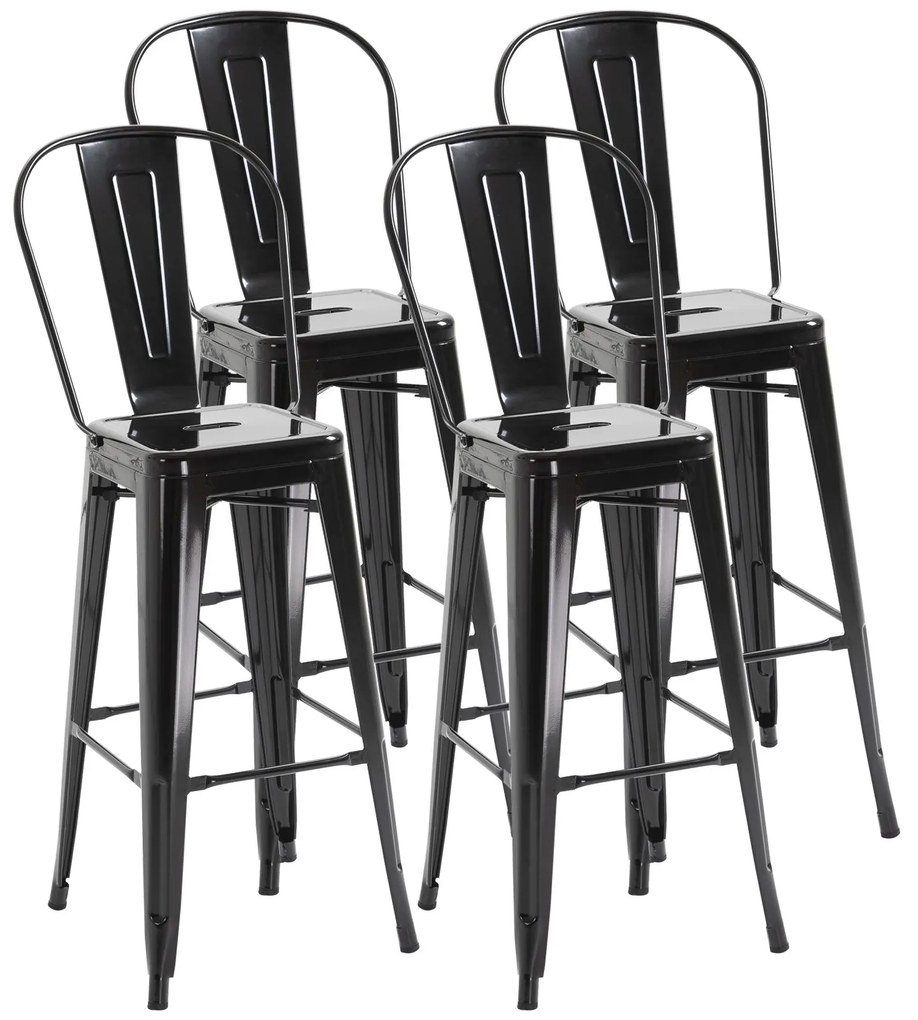 Conjunto de 4 Bancos Altos de Cozinha de Metal Bancos de Bar com Encosto Alto e Apoio para os Pés para Sala de Jantar Carga 120kg 44x49x116cm Preto