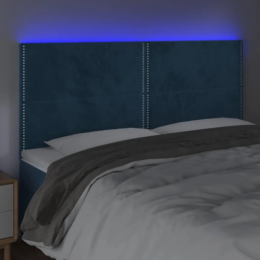 Cabeceira cama c/ luzes LED veludo 200x5x118/128cm azul-escuro