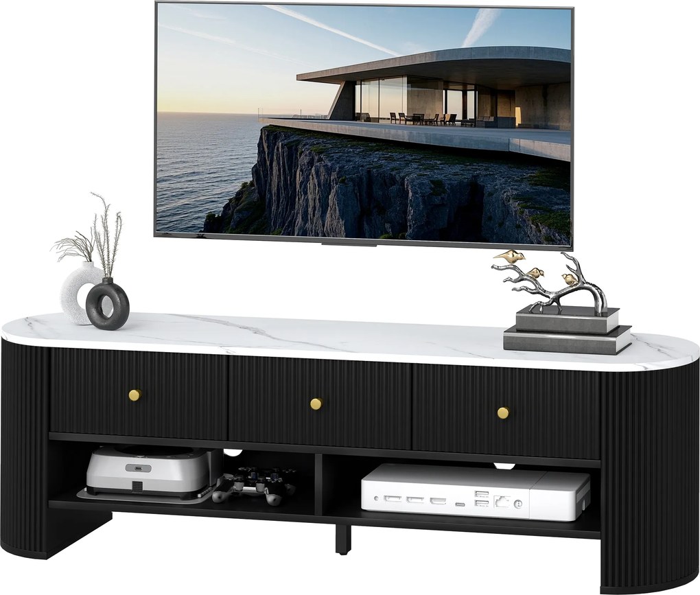 Móvel para TV de 140 cm, móvel para televisor de 65 polegadas com efeito de mármore, 3 gavetas com frentes caneladas e 2 prateleiras pretas