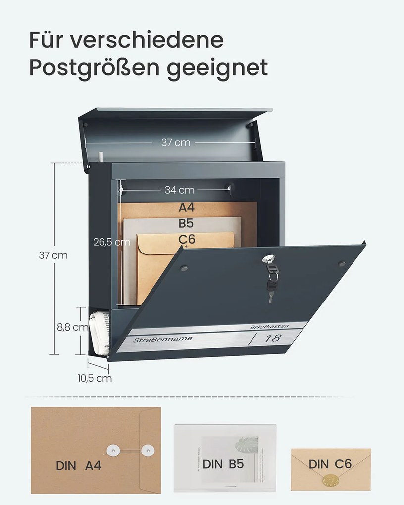 Caixa de correio com placa de identificação e fechadura 10,5 x 37 x 37 cm cinzento antracite