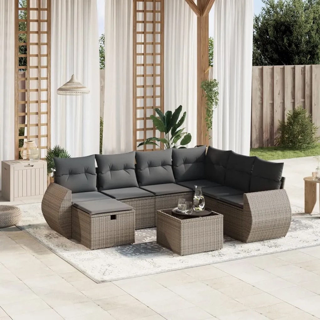 vidaXL 8 pcs conjunto sofás de jardim c/ almofadões vime PE cinzento