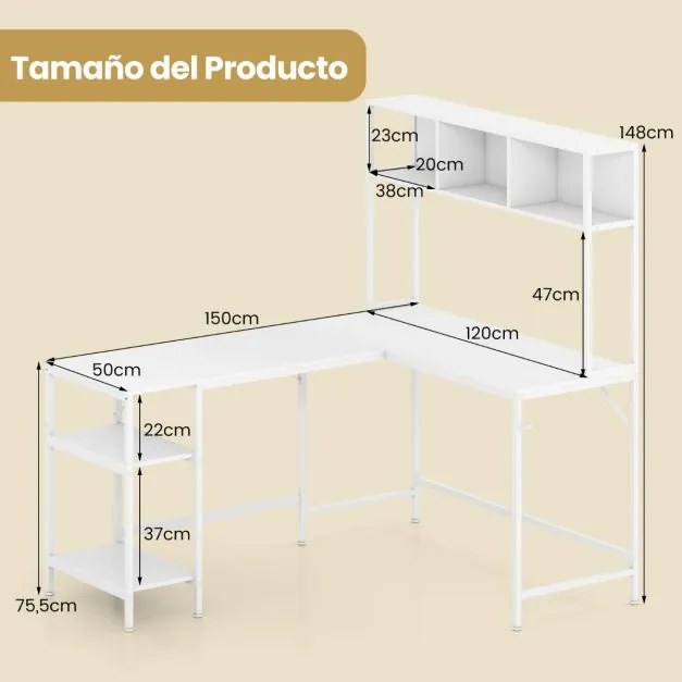 Secretária em forma de L  150 x 120 x 148 cm com compartimento de canto para computador com prateleiras e gancho para auscultadores com estante Branca