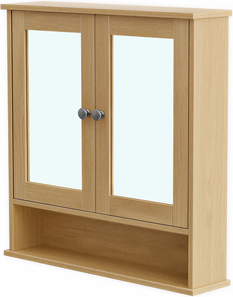Armário casa banho parede com espelho 13 x 56,5 x 58,5 cm com 2 portas espelhadas e compartimento aberto em cor de carvalho natural