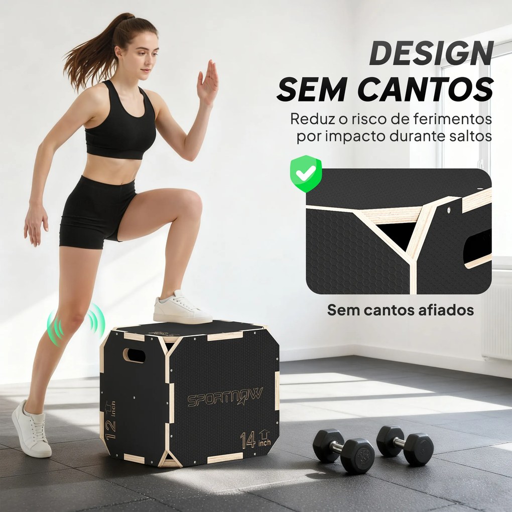 Caixa Pliométrica de Madeira 3 em 1 com 3 Alturas Diferentes Pegas Sem Cantos Treino de Saltos 41x36x31 cm Preto