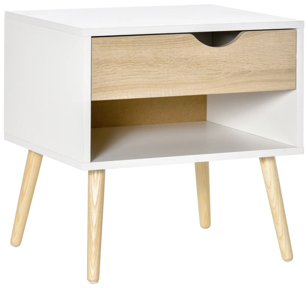 HOMCOM Criado Mudo Mesa de Cabeceira com Gaveta estilo Moderno Pernas em Madeira Maciça 50x39x51 cm Branco e Madeira Natural | Aosom Portugal