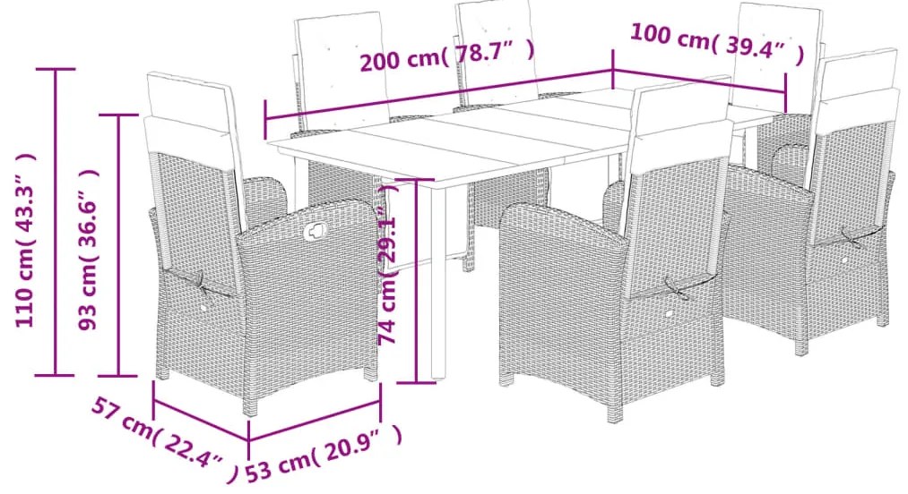 7 pcs conj. jantar p/ jardim c/ almofadões vime PE cinza-claro