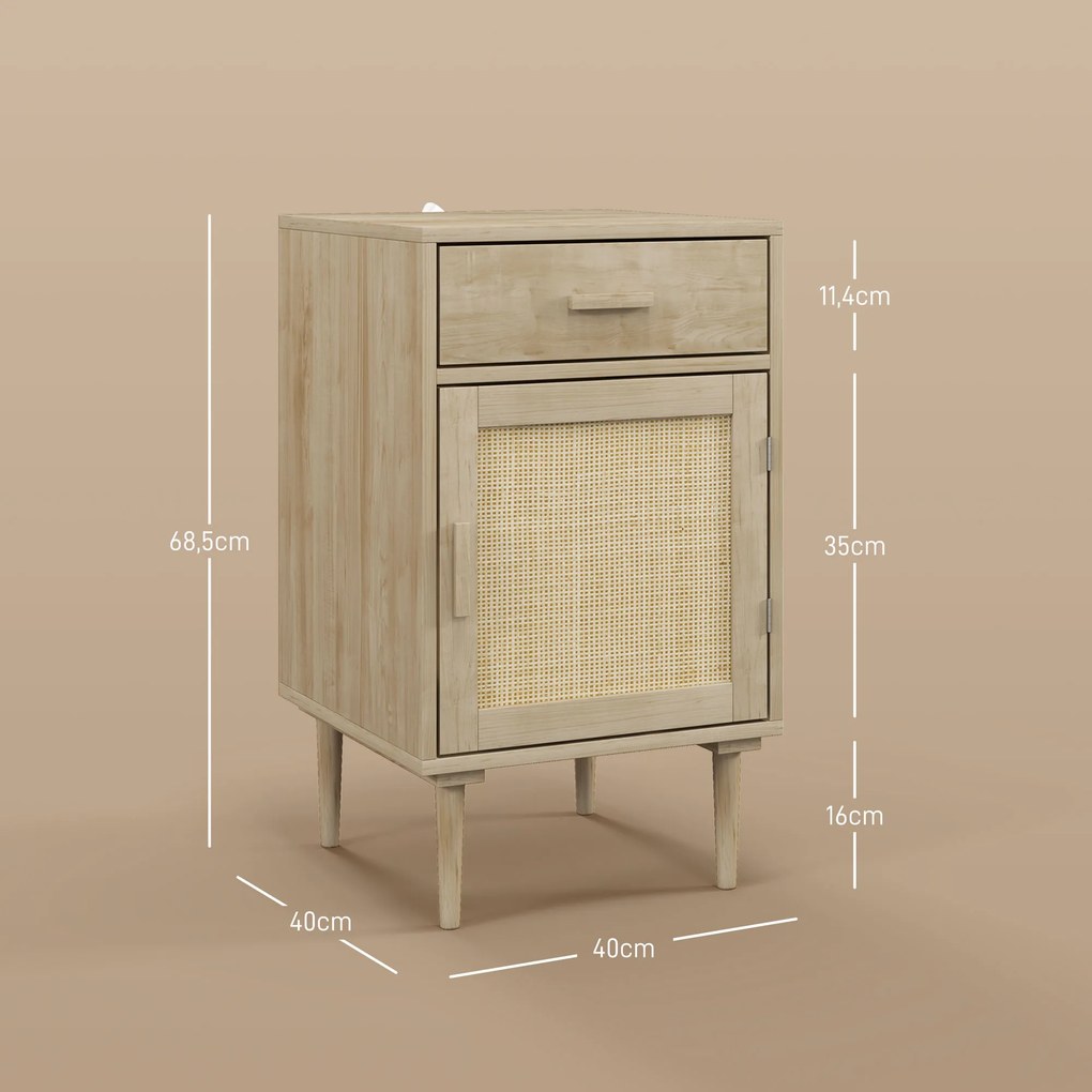 Mesa de cabeceira com armário e prateleira em rattan trançado, 1 gaveta, estilo boémio - 40 x 40 x 68,5 cm, natural
