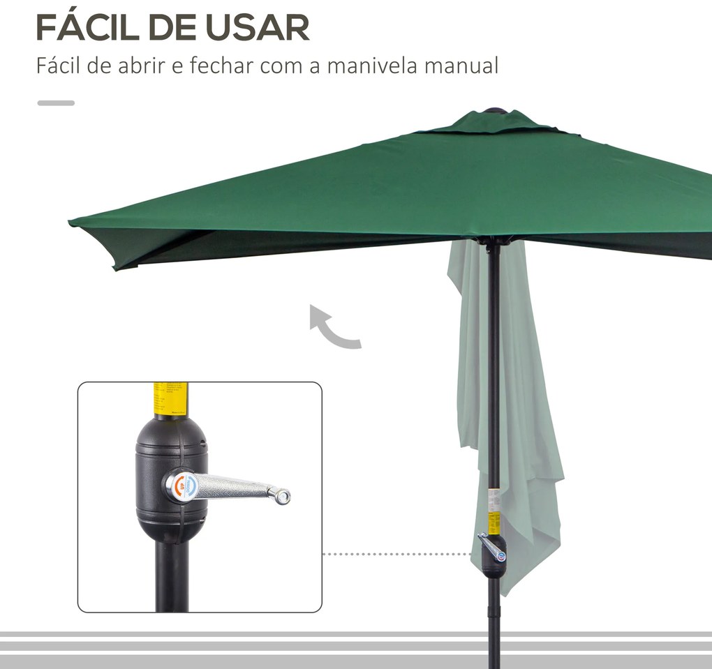 Chapéu de Sol Semicircular 230x130x245 cm Chapéu de Sol para Parede com Manivela Proteção UV 30+ e Mastro Metálica Ø38 mm Verde
