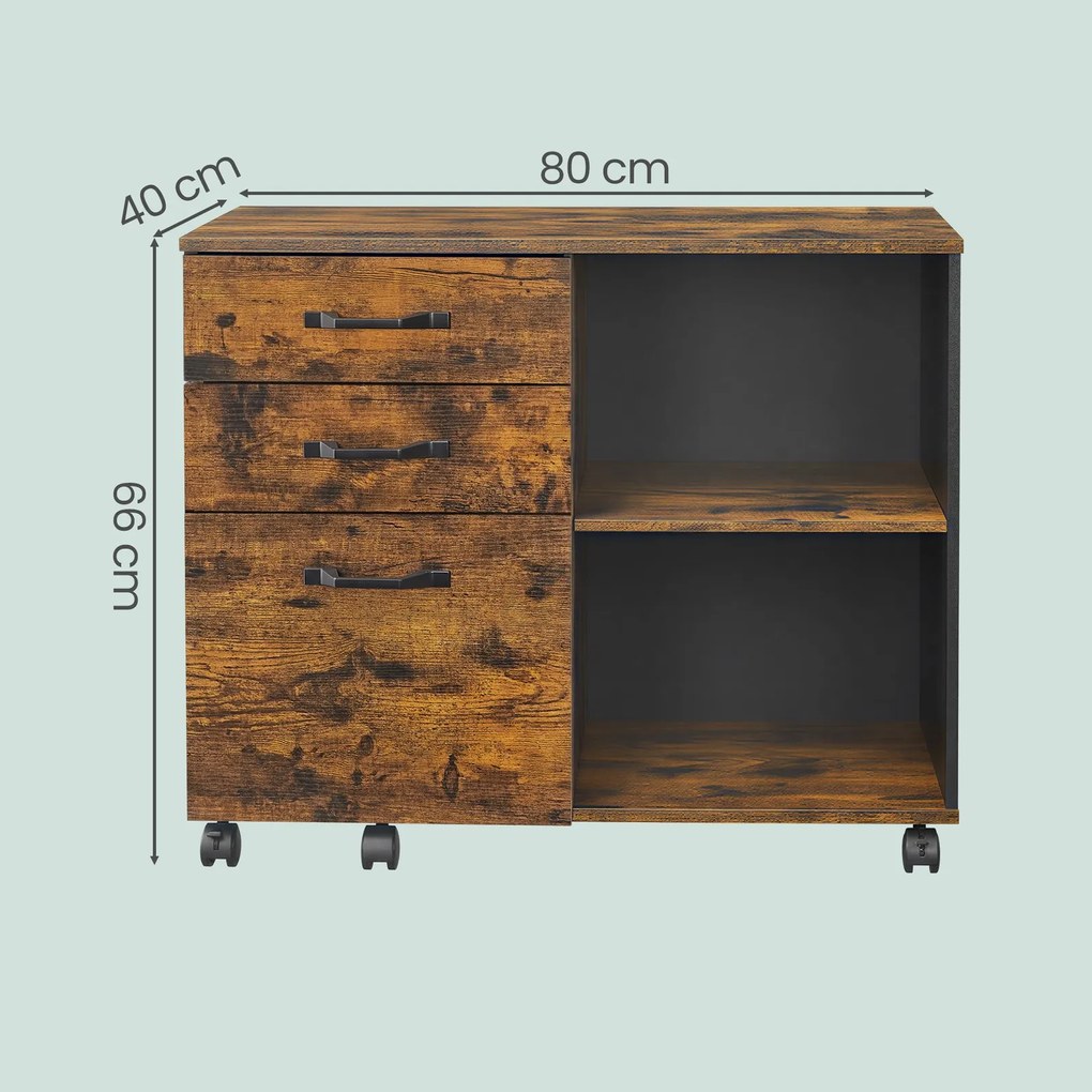 Armário para escritório de arrumação com 3 gavetas e compartimentos, em estilo industrial 40 x 80,2 x 65,3 cm castanho, preto