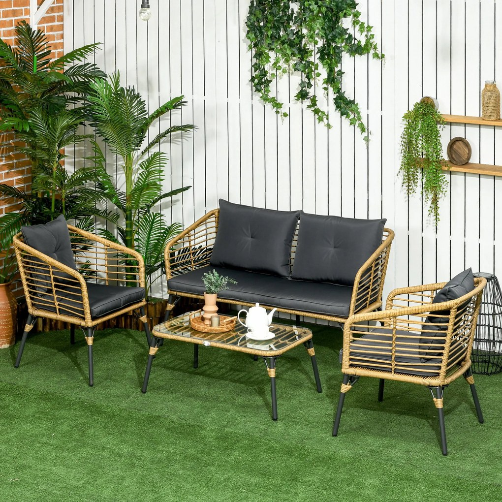 Conjunto de Móveis de Vime para 4 Pessoas Móveis de Jardim de 4 Peças com Sofá de 2 Lugares 2 Poltronas Mesa de Centro e 4 Almofadas para Varanda Páti