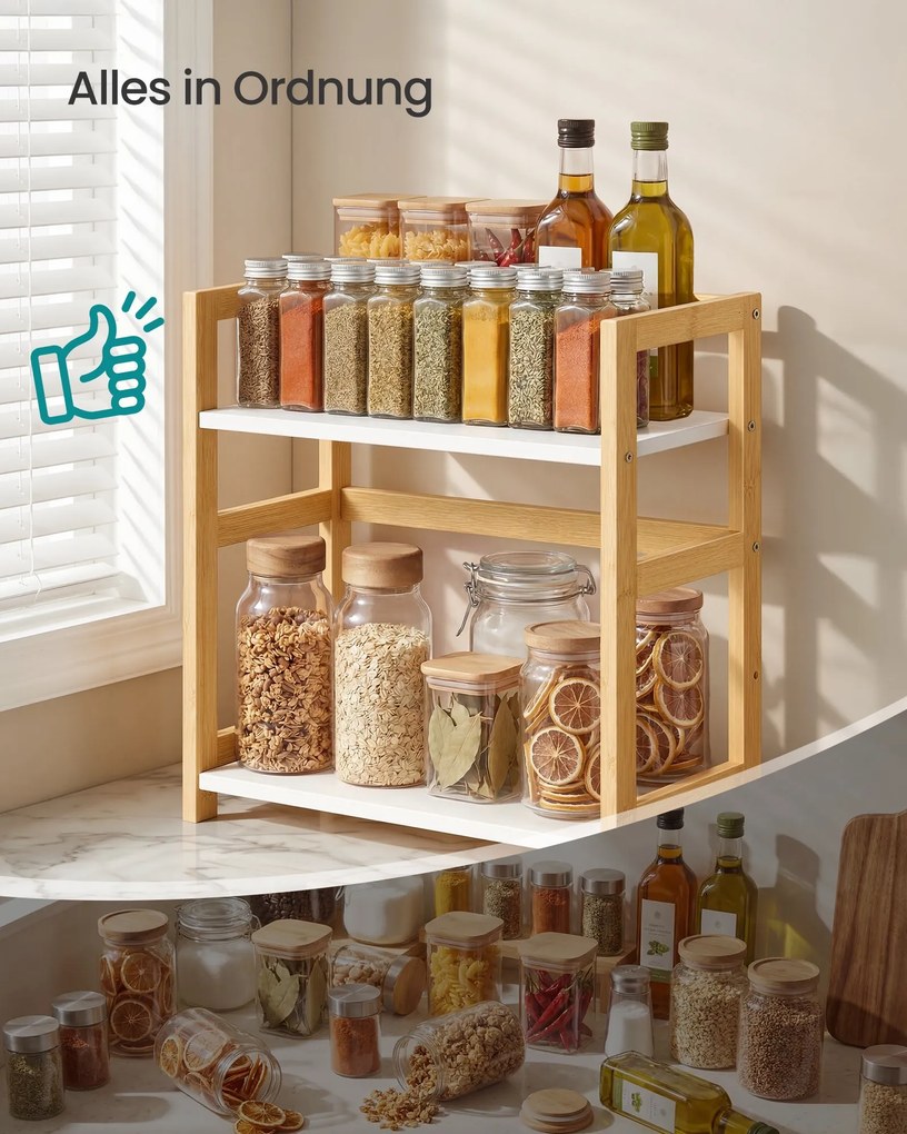 Estante para especiarias com 2 níveis 18,6 x 41 x 41 cm, em bambu bege natural e branco