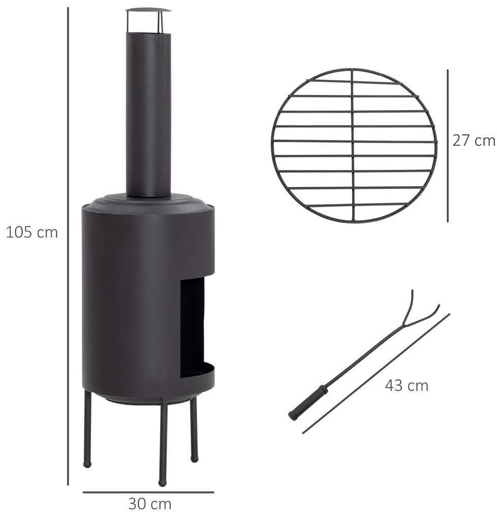 Outsunny Lareira de Jardim Braseiro Exterior de Metal com Atiçador e Chaminé para Fumaça para Varanda Campismo Ar Livre 30x30x105cm Preto