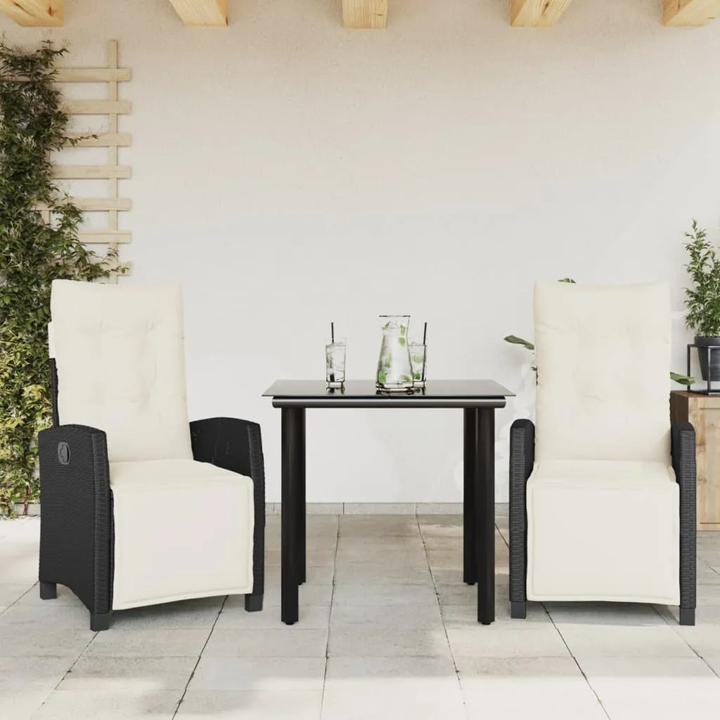 vidaXL 3 pcs conjunto de jantar p/ jardim c/ almofadões vime PE preto