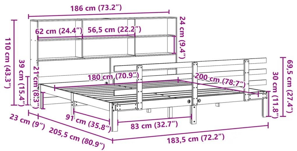 Cama com estante sem colchão 180x200 cm pinho maciço branco