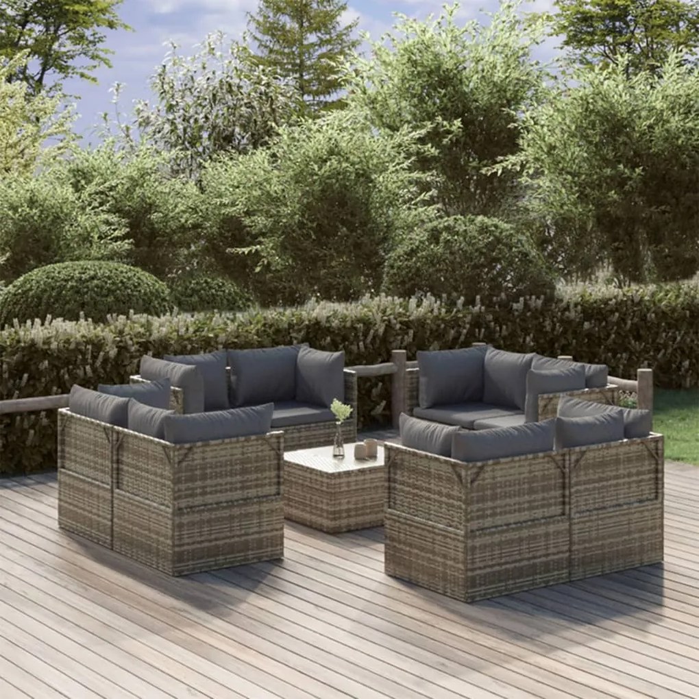 vidaXL 9 pcs conjunto lounge de jardim c/ almofadões vime PE cinzento
