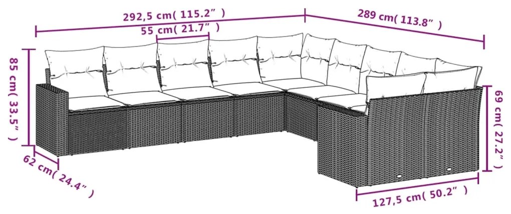 10 pcs conjunto sofás de jardim c/ almofadões vime PE cinzento