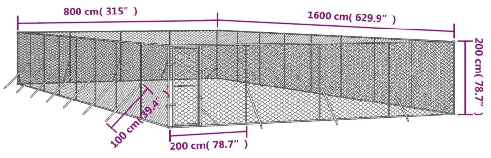 Canil de exterior 8x16x2 m aço galvanizado prateado