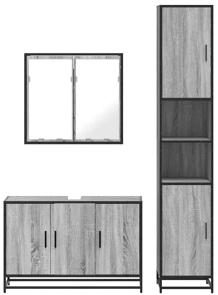 3 pcs Conjunto móveis casa de banho madeira proc. cinza sonoma