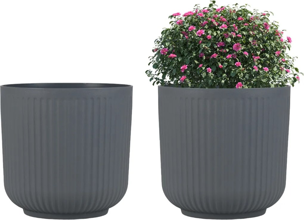 Conjunto de 2 vasos de plástico 32,5 x 32 cm redondos (FLORES NÃO INCLUIDAS) com orifícios de drenagem opcionais Cinza