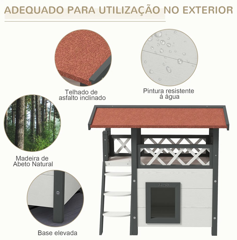 Casa para Gatos de Madeira 77x50x73cm Casa para Gatos com 2 Níveis com Teto Asfáltico Terraço Cercado Caverna e Escada Branco