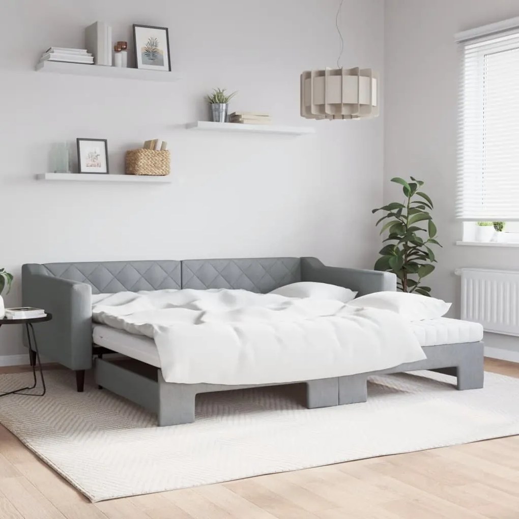 Sofá-cama c/ gavetão e colchões 100x200cm tecido cinzento-claro
