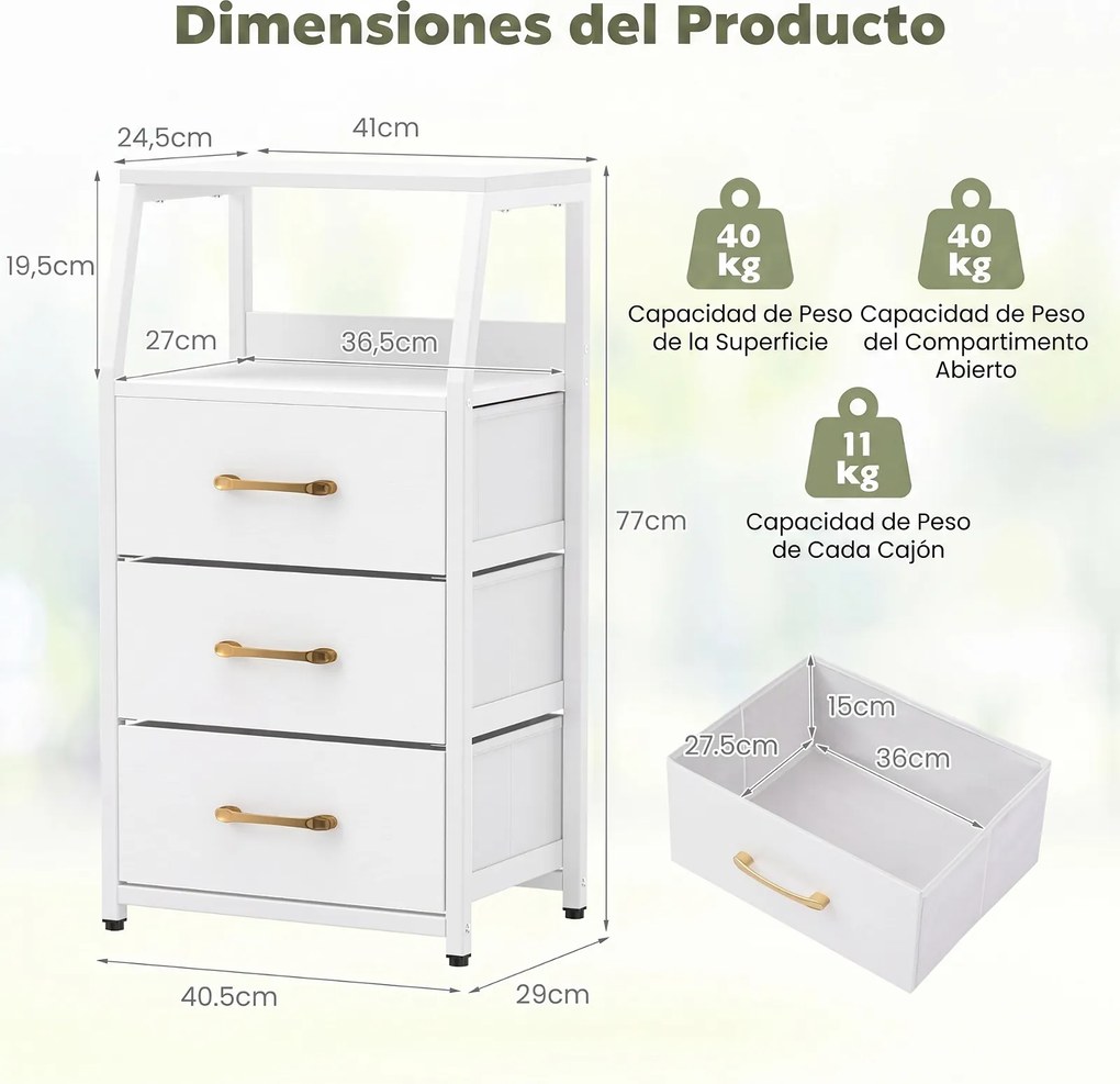 Cómoda de 3 Gavetas, 40,5 x 29 x 77 cm, Estrutura Metálica, Branco