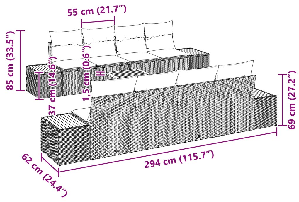 Conjunto de Sofá de Jardim vidaXL 9 Peças com Almofadas Preto Rattan A