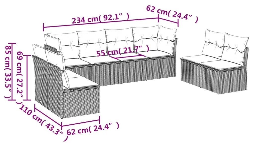 8 pcs conjunto de sofás p/ jardim com almofadões vime PE bege