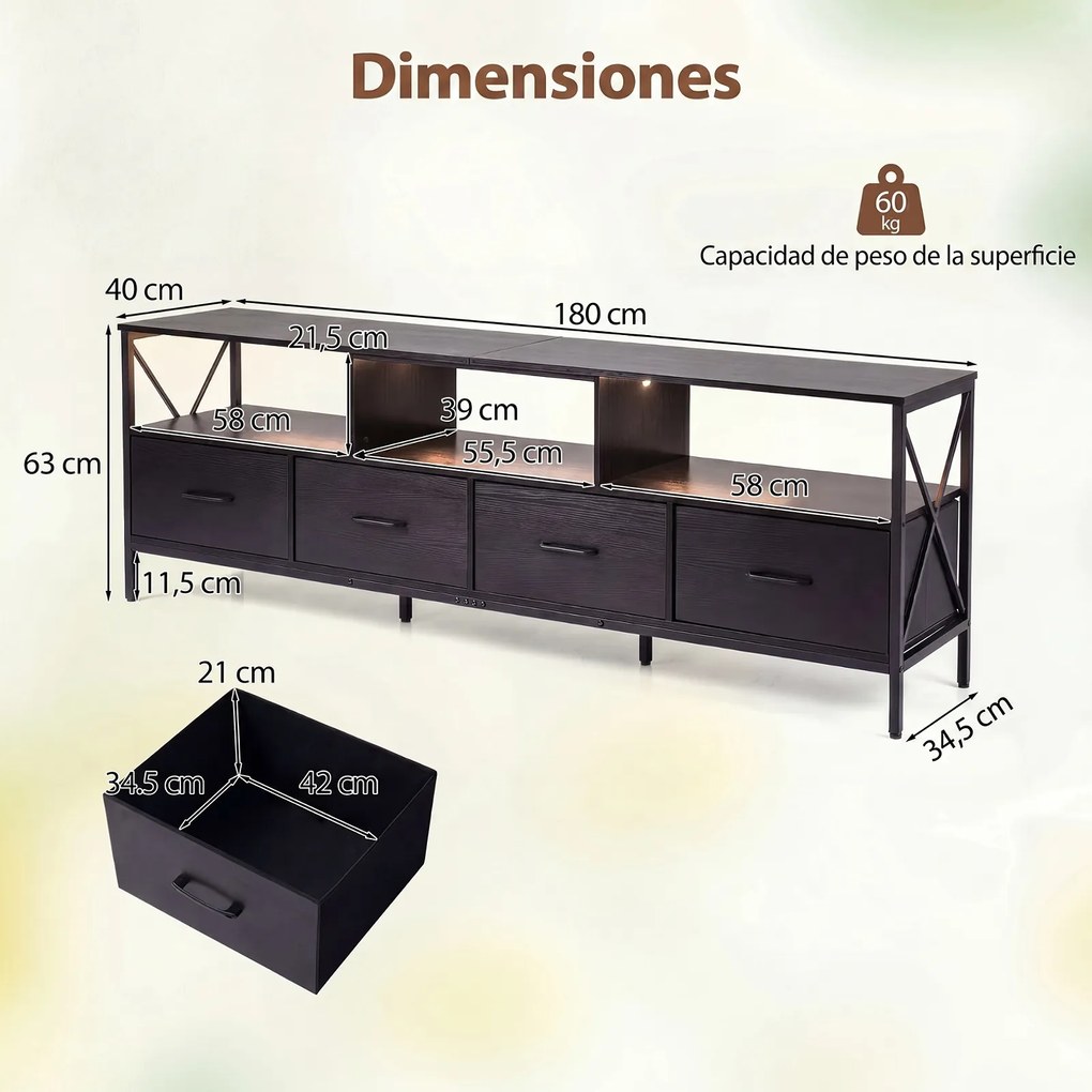 Móvel de TV, 180 x 40 x 63 cm, Iluminação LED com Comando à Distância, Preto