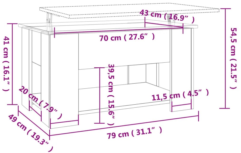 Mesa de centro 79x49x41cm derivados de madeira cinzento sonoma