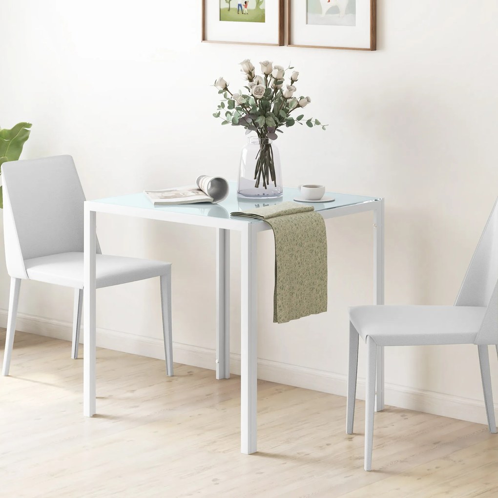 Mesa de Jantar em Vidro 75x75x75 cm, Quadrada para 4 Pessoas com Pés Metálicos (CADEIRAS NÃO INCLUIDAS), Branco