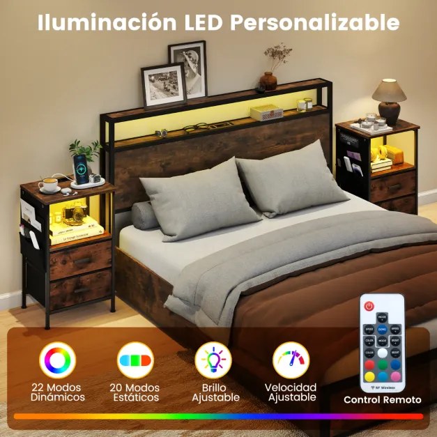 Conjunto de 2 mesas de cabeceira, mesas apoio com carregador USB e Luz LED, com 2 gavetas dobráveis, 38 x 30 x 60 cm, castanho
